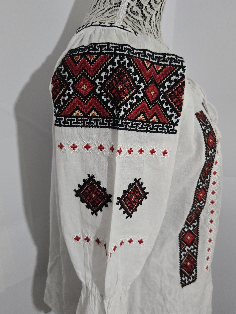 White Embroidered Boho Peasant Blouse with Red & Black Folk Motif - Picture 6 of 8